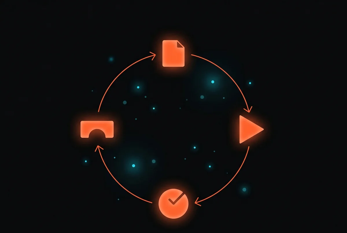Ciclo de execução em quatro fases conectadas em loop: Boot com carregamento de documento, Executar, Write-back com verificação, e Handoff como ponte